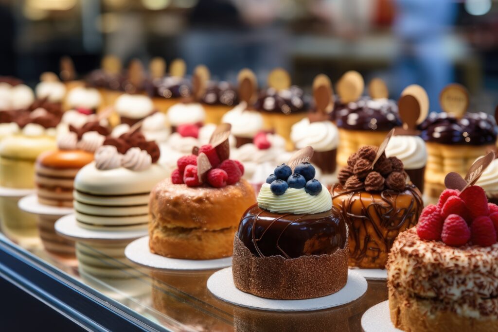 Small cakes on display at the patisserie counter.